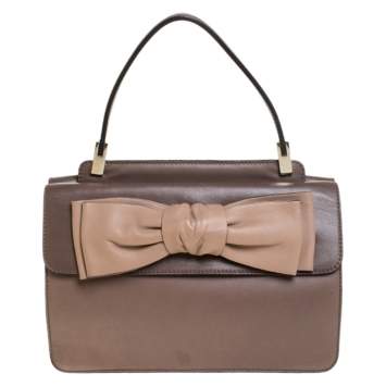 Pre Owned Valentino Dark Beige Leather Bow Top Handle Bag