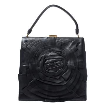 Pre Owned Valentino Black Leather Rose Kisslock Frame Top Handle Bag