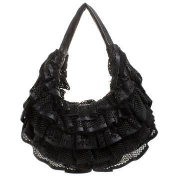 Pre Owned Valentino Black Leather Mesh Ruffle Hobo