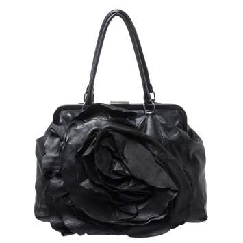Pre Owned Valentino Black Leather Petale Rose Frame Bag