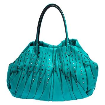 Pre Owned Valentino Turquoise Leather Crystal Embellished Tote