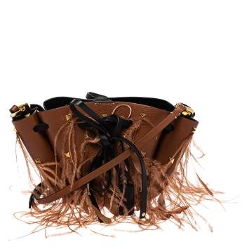 Pre Owned Valentino Brown Leather and Feather Small VLogo Bucket Bag