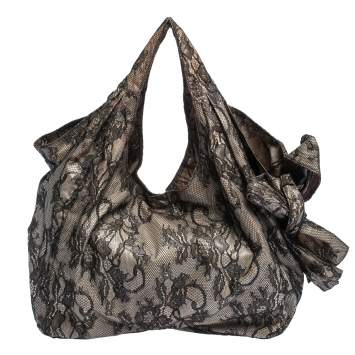 Pre Owned Valentino Black/Beige Lace Large Nuage Bow Hobo