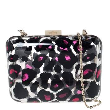 Pre Owned Valentino Pink Leopard Print Plexiglass Chain Clutch