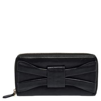 Pre Owned Valentino Black Leather Pleated Bow Continental Wallet