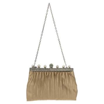 Pre Owned Valentino Beige Satin Crystal and Pearl Embellished Frame Chain Clutch