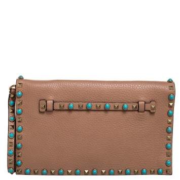 Pre Owned Valentino Beige Grained Leather Rolling Rockstud Wristlet Clutch