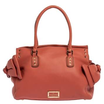 Pre Owned Valentino Coral Orange Leather Rockstud Bow Satchel