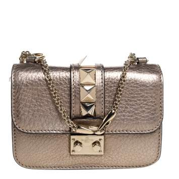 Pre Owned Valentino Metallic Gold Leather Mini Glam Lock Shoulder Bag
