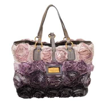 Pre Owned Valentino Multicolor Floral Applique Satin and Patent Leather Shopper Tote