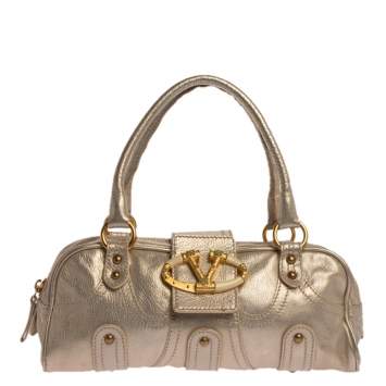 Pre Owned Valentino Light Gold Textured Leather Embellished VLogo Satchel