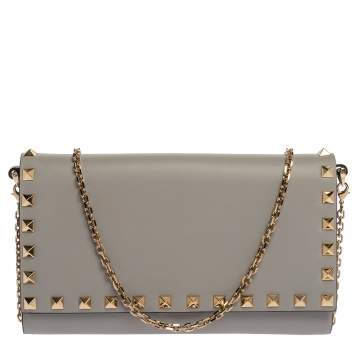 Pre Owned Valentino Pale Blue Leather Rockstud Wallet on Chain