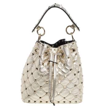 Pre Owned Valentino Metallic Gold Leather Small Rockstud Bucket Bag