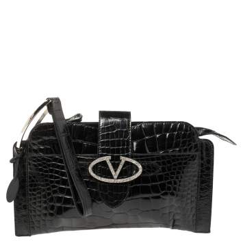 Pre Owned Valentino Black Croc Embossed Patent Leather Crystal Embellished Wristlet Clutch