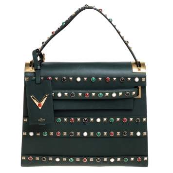 Pre Owned Valentino Green Studded Leather My Rockstud Top Handle Bag