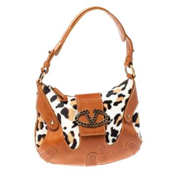 Pre Owned Valentino Brown Leopard Print Calfhair and Leather Crystal Embellished VRing Hobo