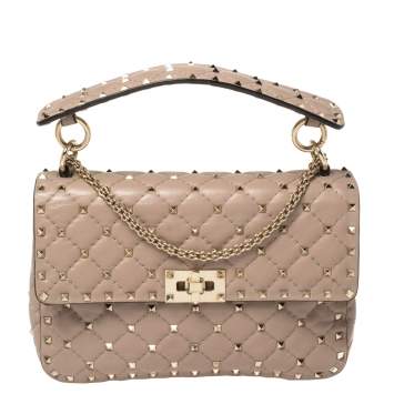 Pre Owned Valentino Old Rose Leather Medium Rockstud Spike Top Handle Bag