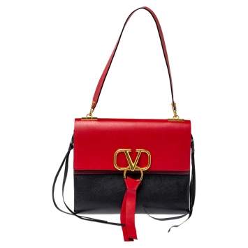 Pre Owned Valentino Black/red Leather Medium V-Ring Flap Top Handle Bag