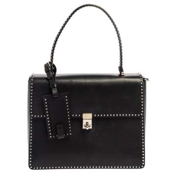 Pre Owned Valentino Black Leather Rockstud Flap Top Handle Bag