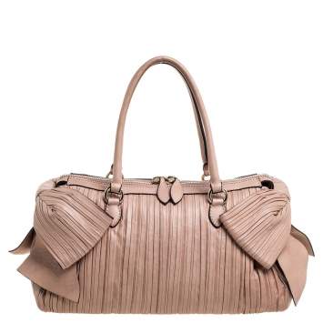 Pre Owned Valentino Beige Pleated Leather Side Bow Satchel