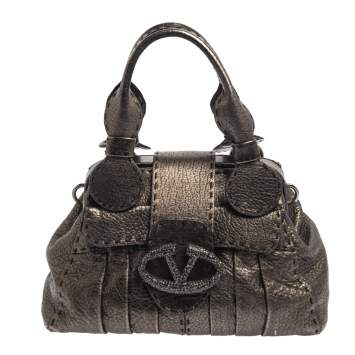 Pre Owned Valentino Metallic Silver Leather Crystal Embellished V Ring Frame Satchel