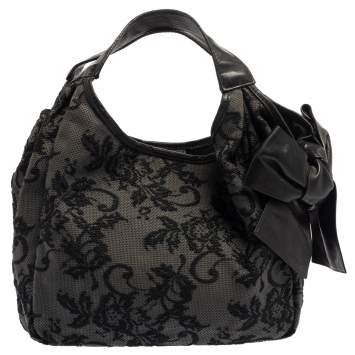 Pre Owned Valentino Black Embroidered Nylon Medium Nuage Bow Hobo
