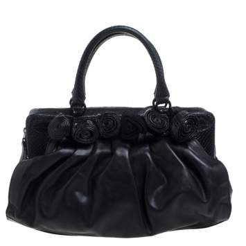 Pre Owned Valentino Black Leather and Snakeskin Lacca Fleur Frame Satchel