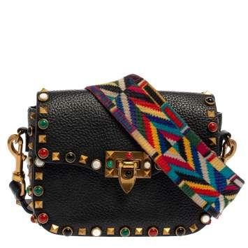 Pre Owned Valentino Black Grained Leather Guitar Rolling Rockstud Shoulder Bag