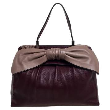 Pre Owned Valentino Burgundy/Beige Leather Aphrodite Bow Top Handle Bag