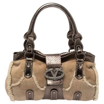 Pre Owned Valentino Beige/Metallic Shearling and Snakeskin VRing Flap Satchel