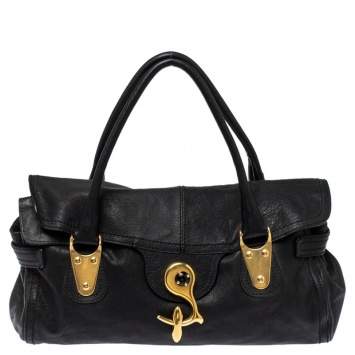 Pre Owned Valentino Black Soft Leather Clasp Flap Satchel