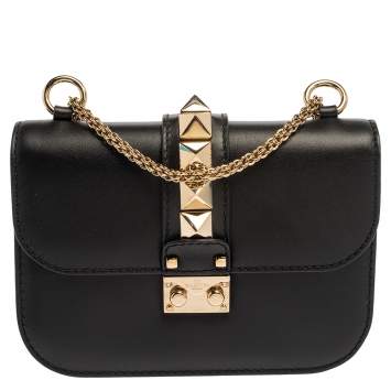 Pre Owned Valentino Black Leather Small Rockstud Glam Lock Flap Bag