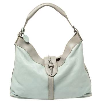 Pre Owned Valentino Mint Blue/Grey Grain Leather Metal Flap Hobo
