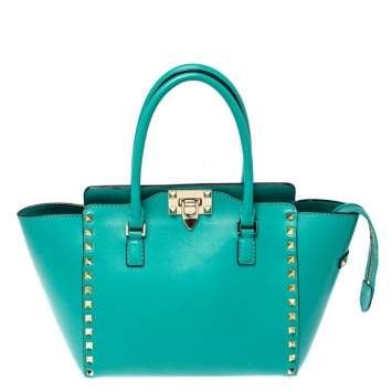 Pre Owned Valentino Green Leather Small Rockstud Trapeze Tote