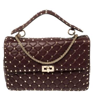 Pre Owned Valentino Burgundy Quilted  Leather Rockstud Spike Top Handle Bag
