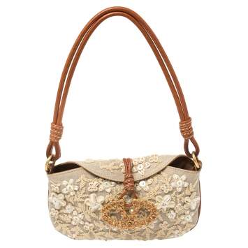 Pre Owned Valentino Cream Canvas Embroidered Catch Hobo