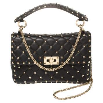 Pre Owned Valentino Black Quilted Leather Rockstud Spike Top Handle Bag