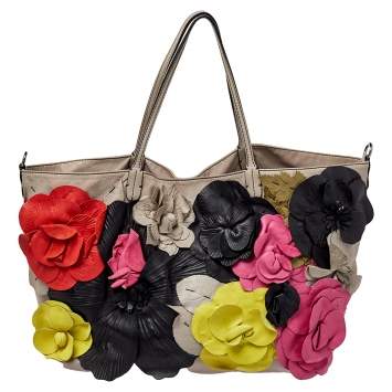 Pre Owned Valentino Grey Leather Floral Applique Tote