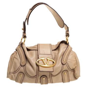Pre Owned Valentino Beige Leather VRing Flap Hobo