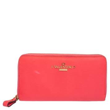Pre Owned Valentino Neon Pink Leather Logo Zip Around Wallet