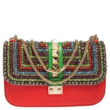 Pre Owned Valentino Multicolor Leather Medium Embellished Rockstud Glam Lock Flap Bag