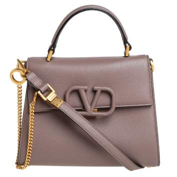 Pre Owned Valentino Dark Beige Leather Small VSLING Top Handle Bag