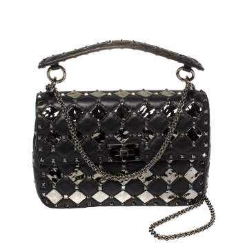 Pre Owned Valentino Black Metal Rhombus Leather Medium Rockstud Spike.It Chain Shoulder Bag