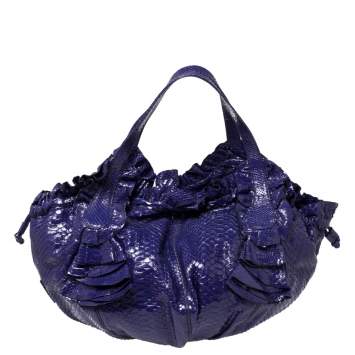 Pre Owned Valentino Purple Python Ruffle Drawstring Hobo