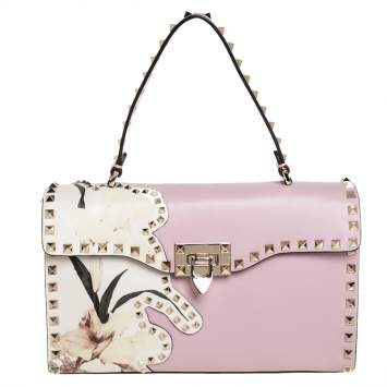 Pre Owned Valentino Pink Leather Rockstud Kimono 1997 Top Handle Bag