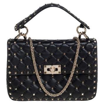 Pre Owned Valentino Black Leather Medium Rockstud Spike Top Handle Bag