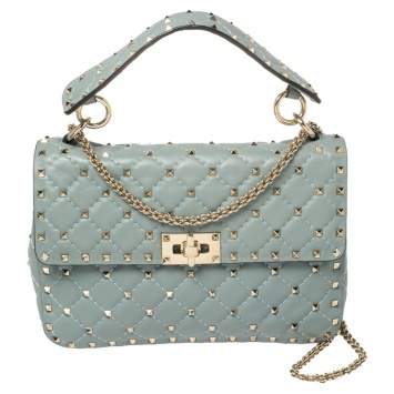 Pre Owned Valentino Blue Leather Medium Rockstud Spike Top Handle Bag