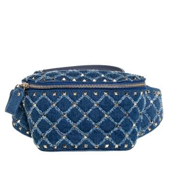 Pre Owned Valentino Blue Quilted Denim Rockstud Spike Belt Bag