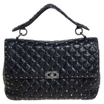 Pre Owned Valentino Black Leather Large Rockstud Spike Top Handle Bag