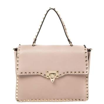 Pre Owned Valentino Beige Leather Rockstud Top Handle Bag